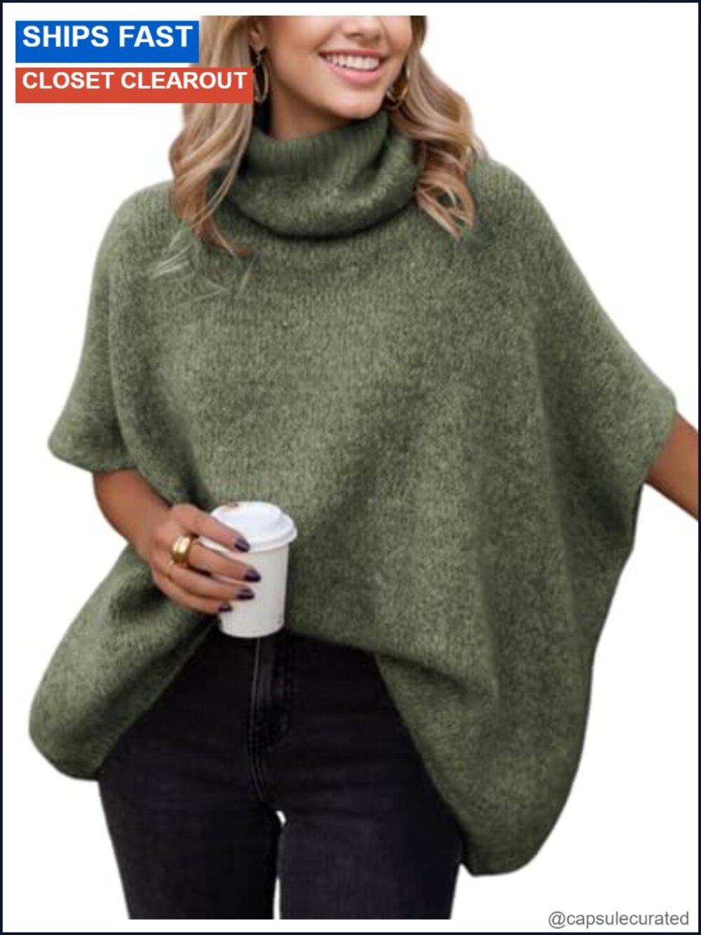 Oversized Turtleneck Batwing Sleeve Knit Pullover Sweater